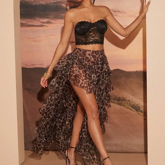 Brown Party Womens Leopard Print Pleated Ruffle Layered Skirt - Picture 7 of 7